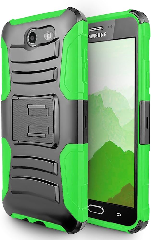 Galaxy J7 V Case/Galaxy J7 Perx Case/Galaxy J7 Sky Pro/J7 Prime/Galaxy Halo/J7 2017 Case with Tempered Glass Screen Protector,IDEA LINE(TM) Combo Holster Kickstand Belt Clip - Green