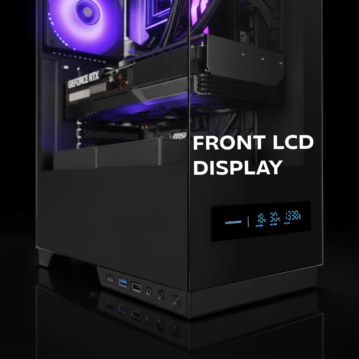 Front LCD display showing system temperatures and fan RPM