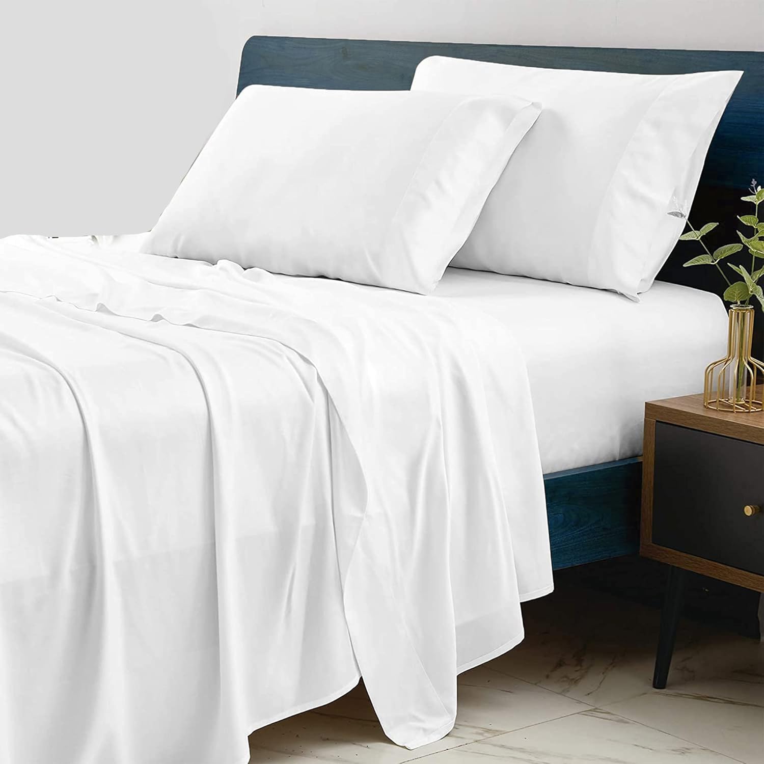 TROUVAILLE 4Pcs Extra Deep Pocket Queen Sheet Sets - 100% Cotton and Polyester Sheets, Wrinkle Free, Breathable Cozy Bedsheets Set, Cotton Rich Percale Bedding Sheet Set : Home & Kitchen