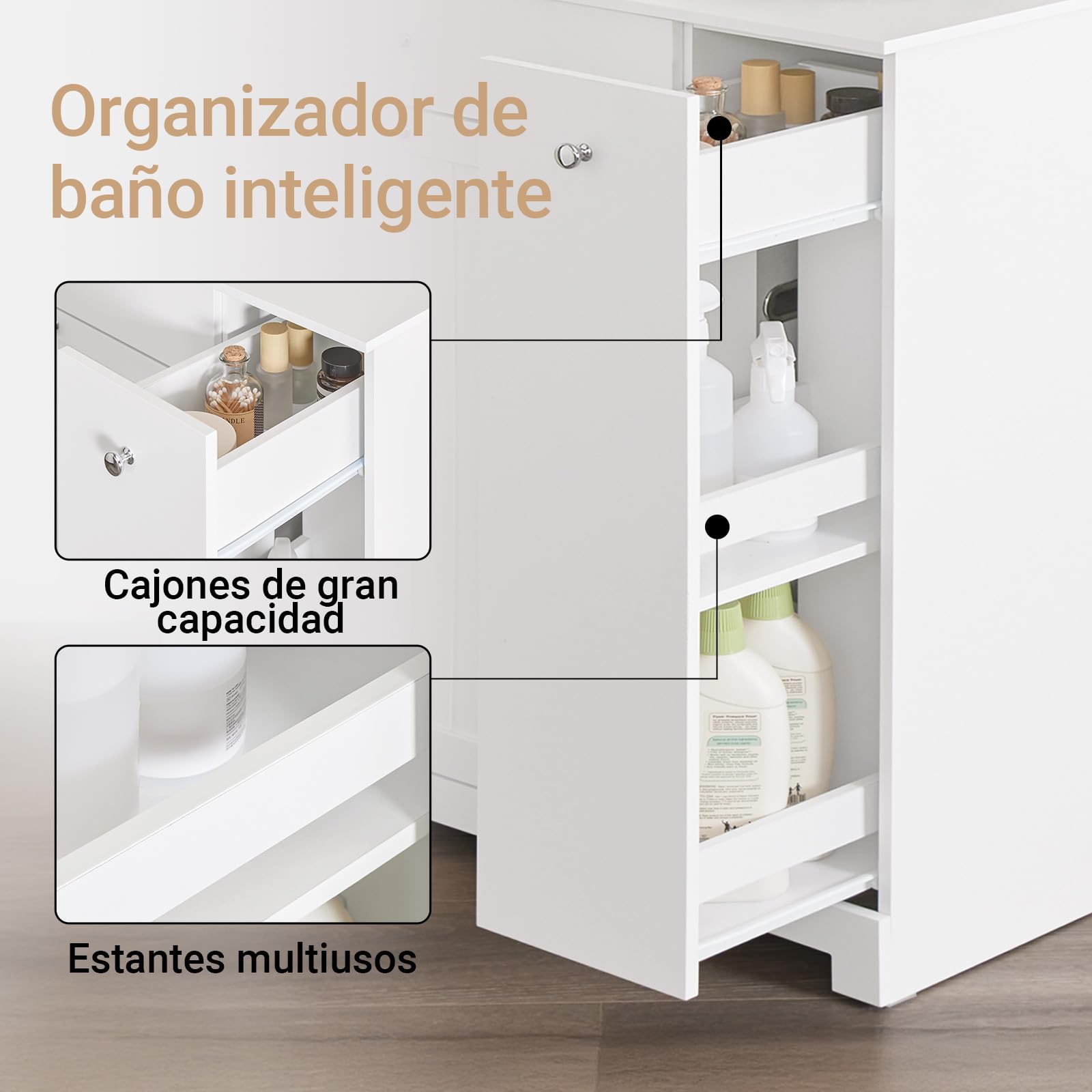 SoBuy Mueble Baño con Cesto para Ropa Sucia 78x38x90 cm, Lavandería y Baño | Armario Baño con Cajón, 2 Cestos Extraíbles y Compartimento Deslizante, Mueble Baño Auxiliar, Blanco BZR214-W