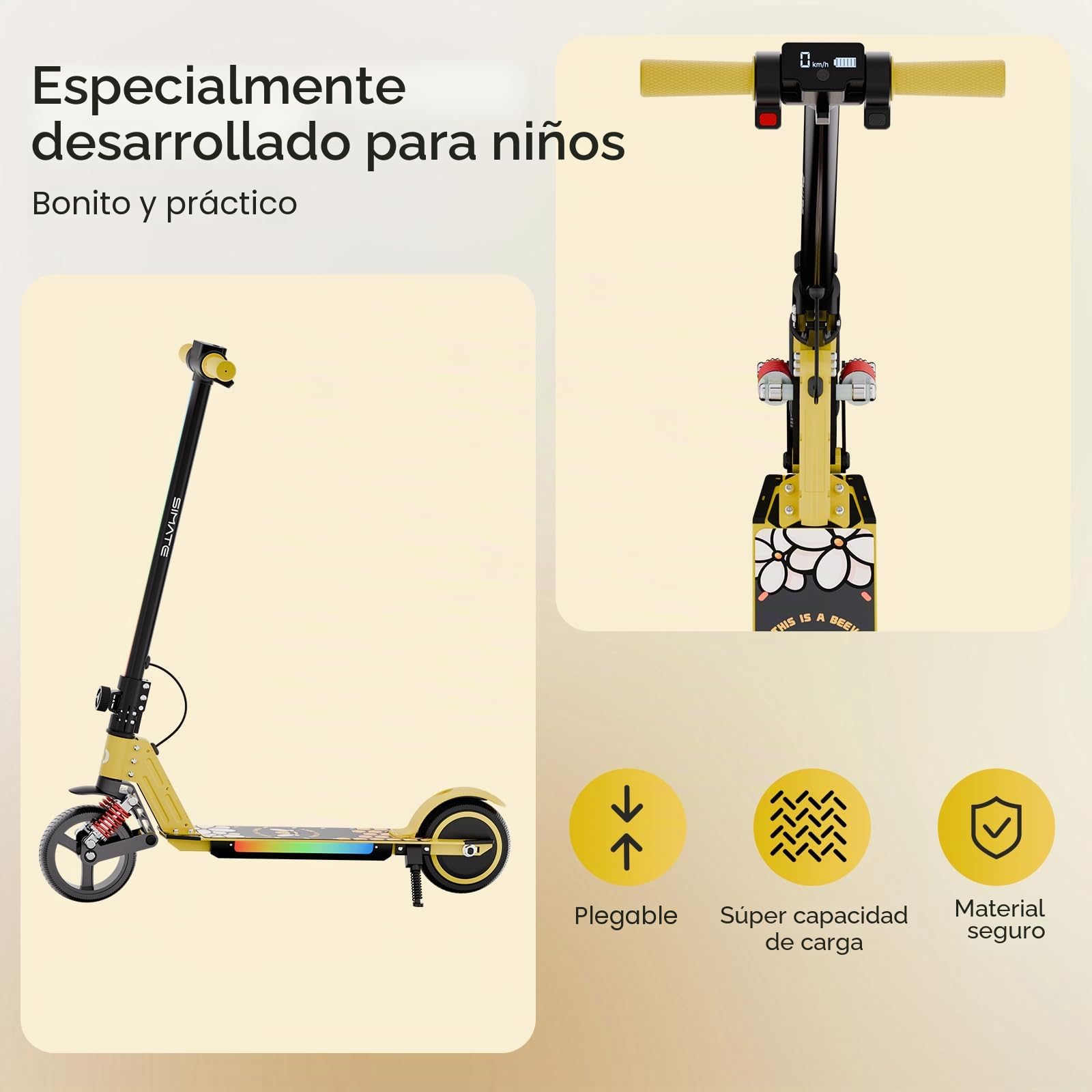 S5 Patín Eléctrico para Niños, Scooter Eléctrico Plegable con Luz LED, Llantas Todo Terreno de 6,5", Velocidad Máx. 14 km/h, para 6-14 Años, Amarillo