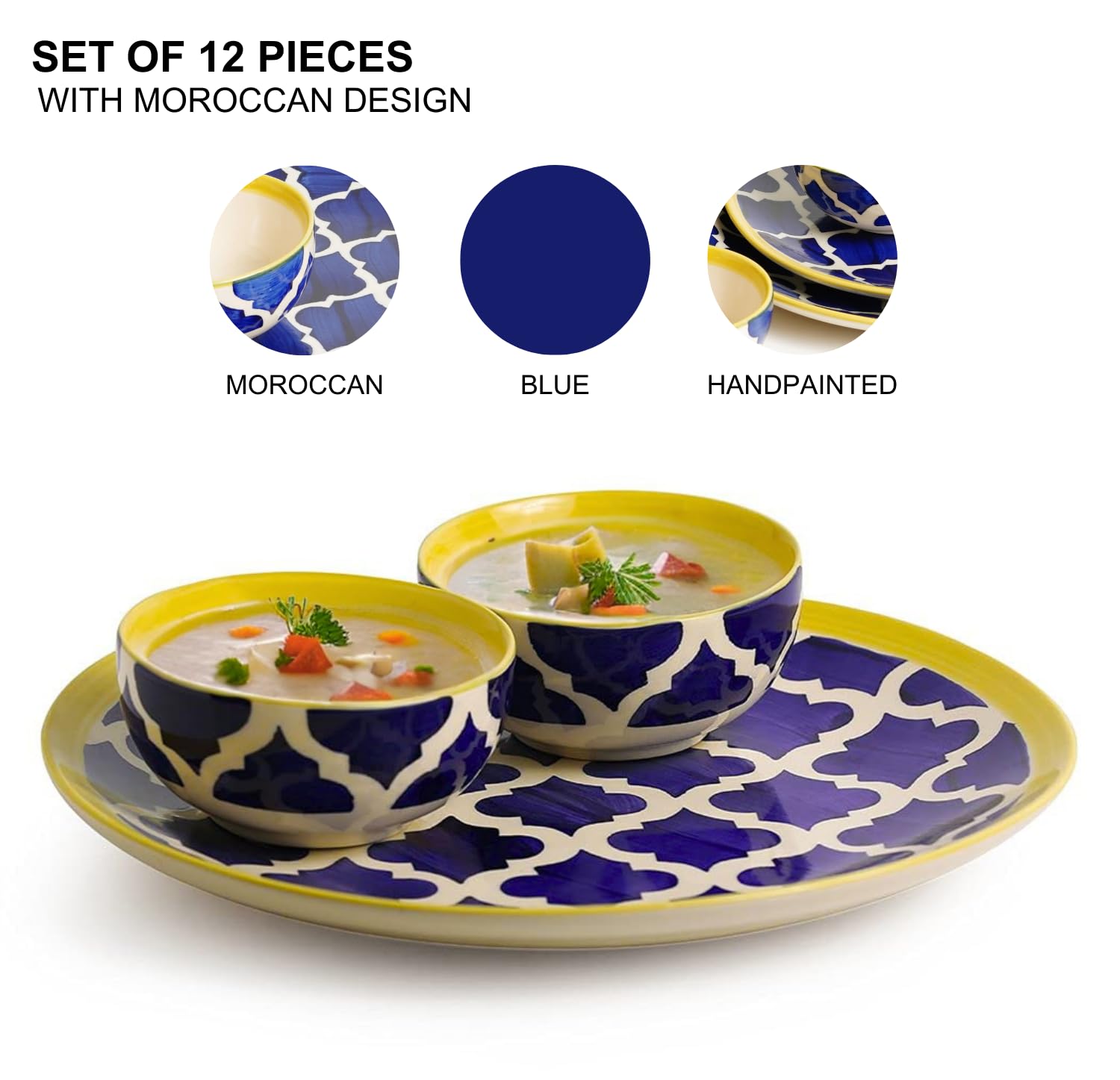 Freakway Premium Moroccan Hand Glazed Dinner Set of 12 Pieces for Dinner with Bowls | 6 Dinner Plates and 6 Serving Bowl/katori | Microwave & Dishwasher Safe - Blue 2