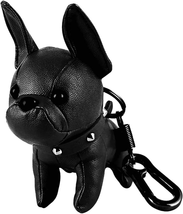 Poppow Handmade French Bulldog Keychain, Cute Leather Car Key Rings Pendant Gift Purse Handbag Backpack Charm Accessories (Black)