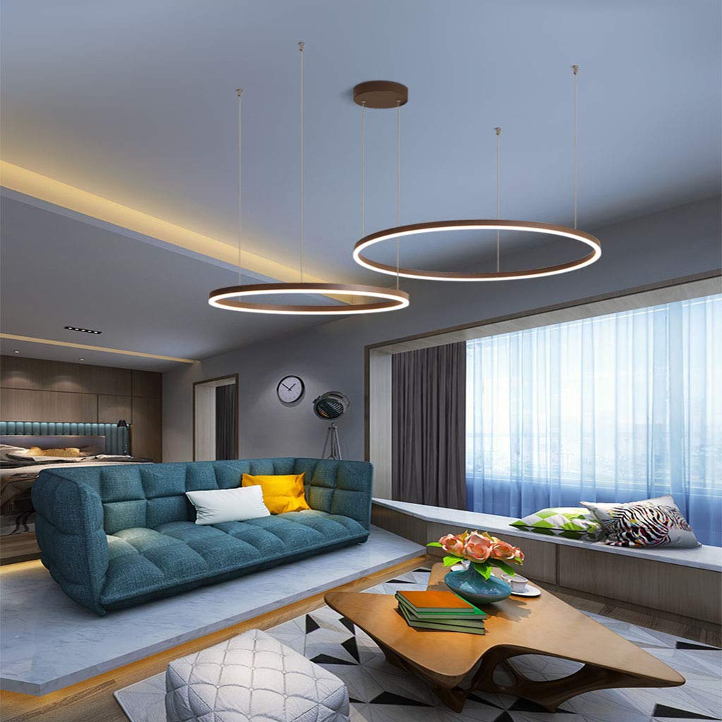 FUMIMID LED Pendant Light Living Room Lamp Chandelier Dimmable with Remote Control Pendant Lights Modern Dining Table Lamps Aluminum Round Acrylic Lighting Ceiling Fixture,Brown,2 laps 40+60cm