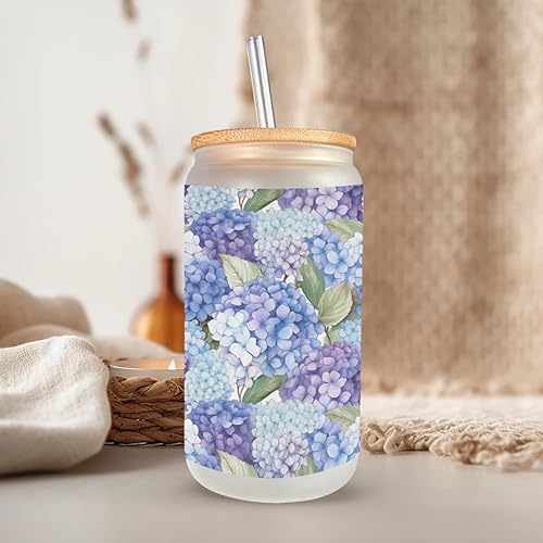 Miniatura 3 de Blue &Purple Hydrangeas Garden Frosted Glass Can with Bamboo Lid, straw and cleaning brush, 16 Oz Floral Glass Cup Mugzan