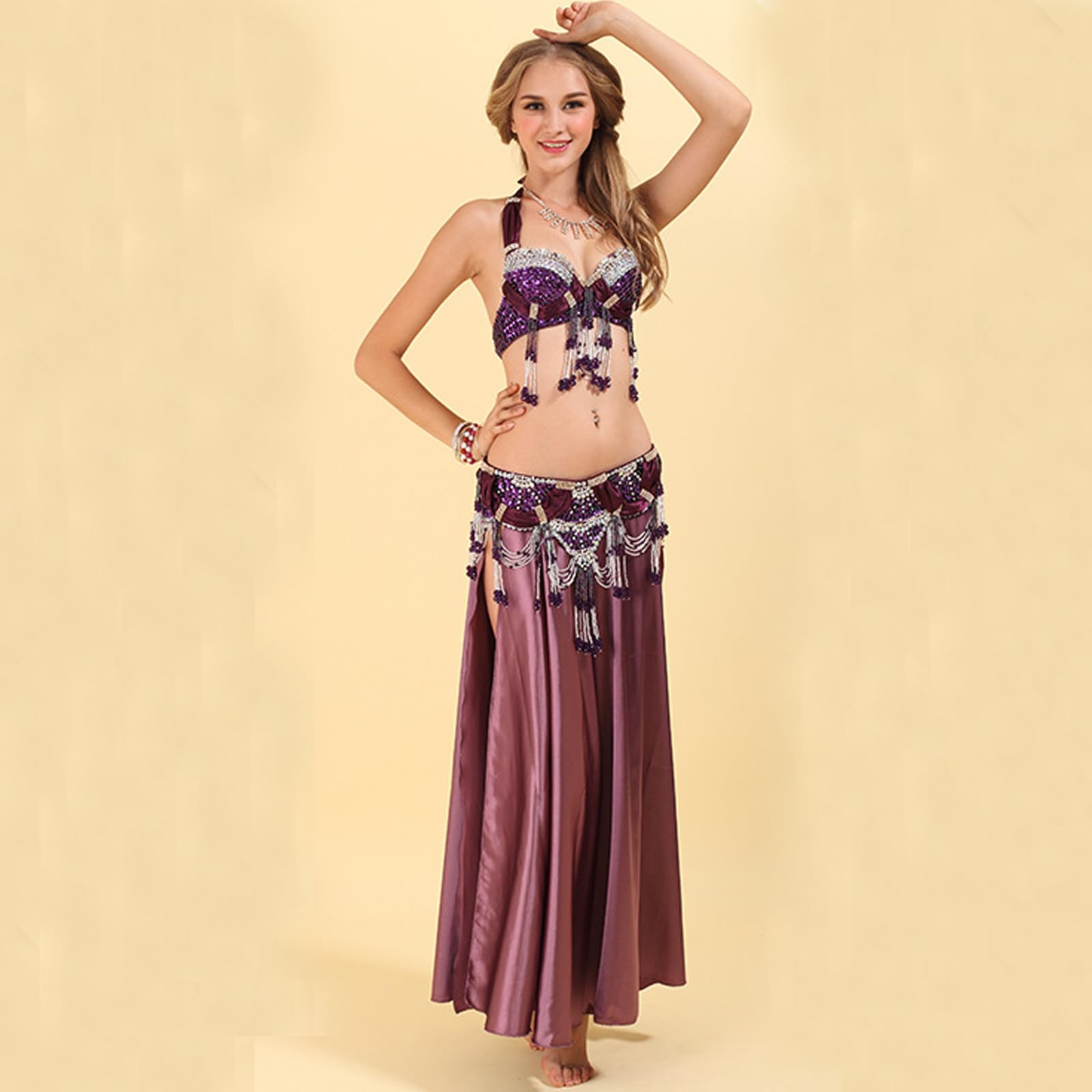 Costume Danza del Ventre Donna,Set 3 Pezzi,Abbigliamento Spettacolo in Raso Due Spacchi Laterali Danza del Ventre,gonne Flamenco Carnevale Halloween Vestito Danza del Ventre,Viola,S