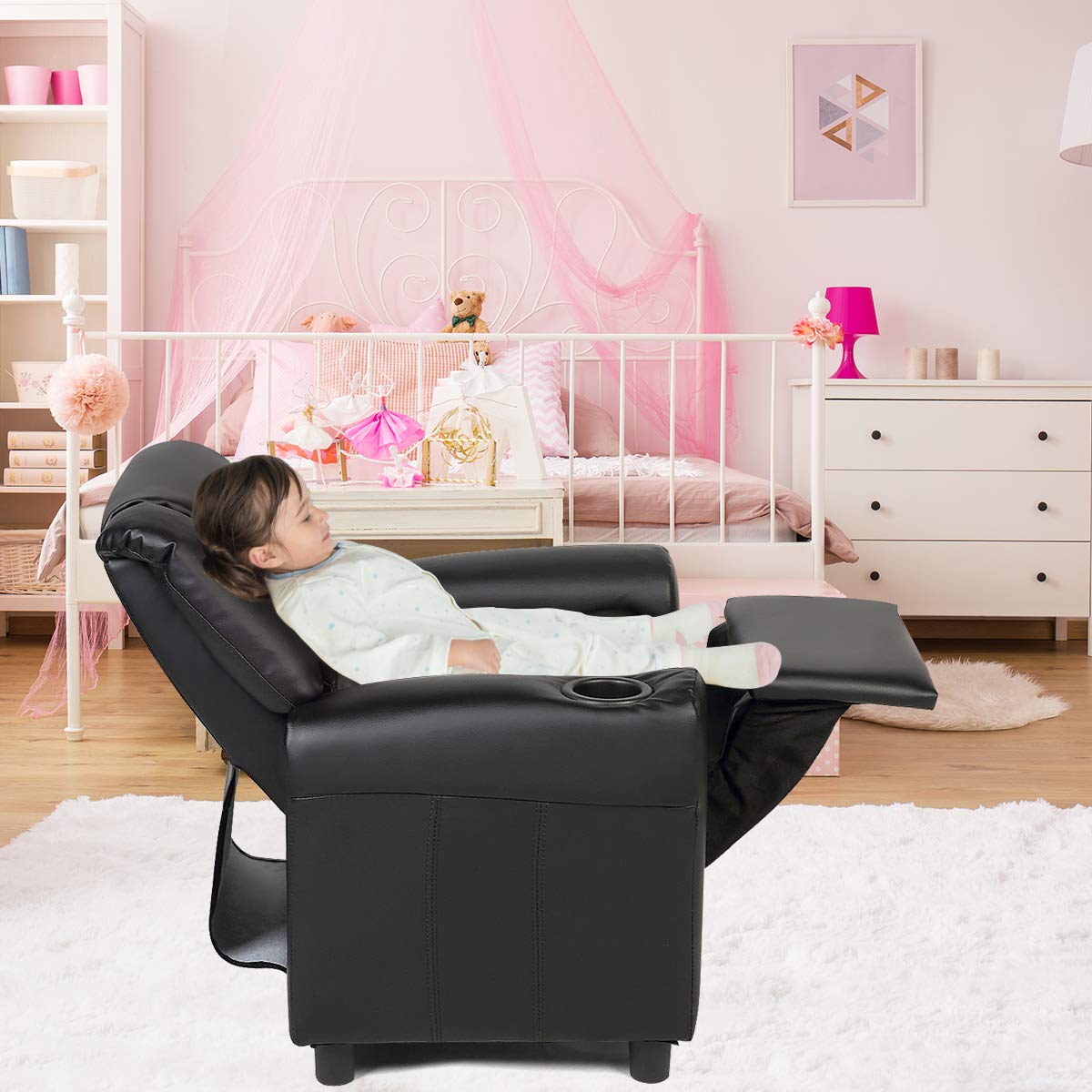 Kids Chair Leather Recliner Sofa w/Cup Holder, Anti-Slip Feet, Adjustable Backrest &amp; Footrest for Kids/Children/Toddlers, 3+ Age Group, Up to 155lbs, Black