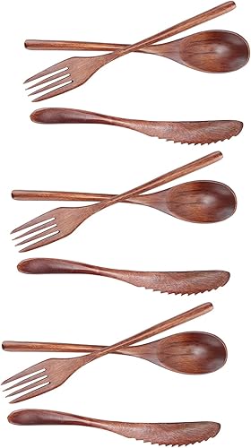 Miniatura 6 de Juego de cubiertos, 3 piezas de madera cubiertos de madera cuchara tenedor cuchillo juego de cocina cubiertos de madera cubiertos tenedor cuchara