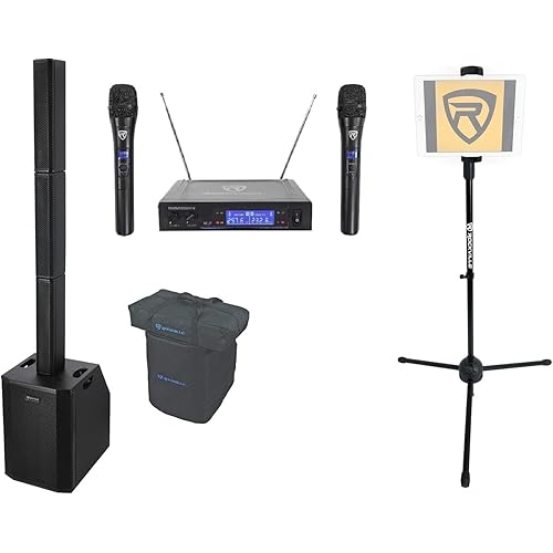 Rockville Titan Array System V2 Karaoke Machine Bundle: 3200W Peak Powered Column Array with Dual 10" Subs, iStand 20 Tablet/Phone Tripod Stand, RWM1203VH Dual Wireless Mics, 3 Items