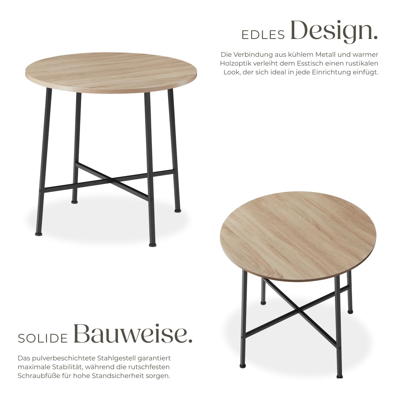 tectake® Industrial Esstisch rund, Kleiner Küchentisch, 80 x 76 cm (Ø x H), Holztisch, runder Tisch, Küchenmöbel, Tisch Wohnzimmer, Dining Table, Esstisch Holz - Industrial Holz Hell, Eiche Sonoma