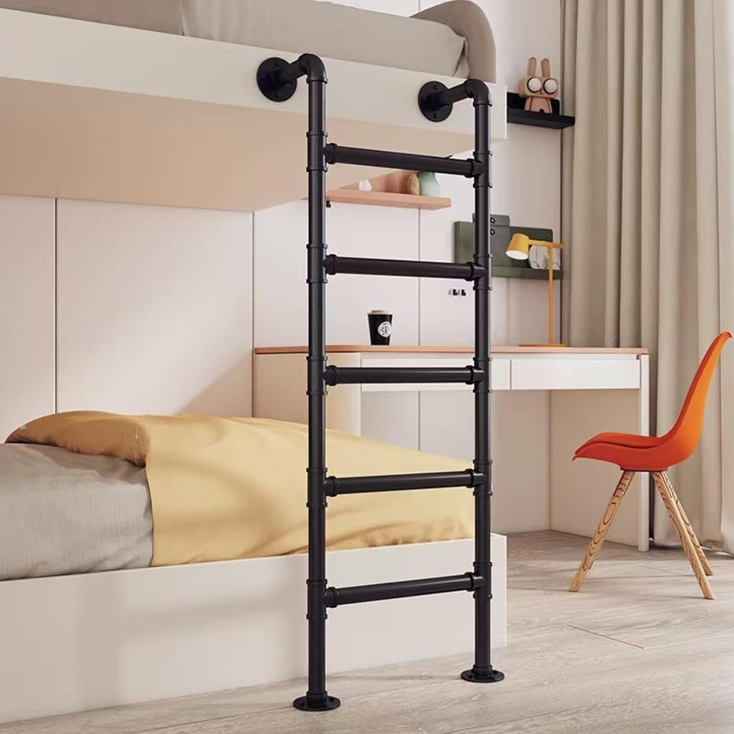 6.2FT Window Well Egress Ladder, High Loft Attic Bed Step Ladders, Floor Mounted Metal Bunk Bed Ladder, for Attic Loft/Dorm/RV Deck/High Bed/Outside/Apartments, Loads 360lbs (Black, 7 Steps)