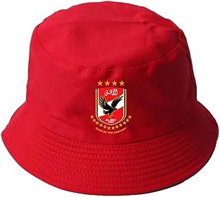 طاقية صياد حمراء قابلة للطي للجنسين بحافة واقية من الشمس للتخييم في الهواء الطلق والمشي لمسافات طويلة والسفر والصيد والشاطئ بطباعة الأهلي لازون