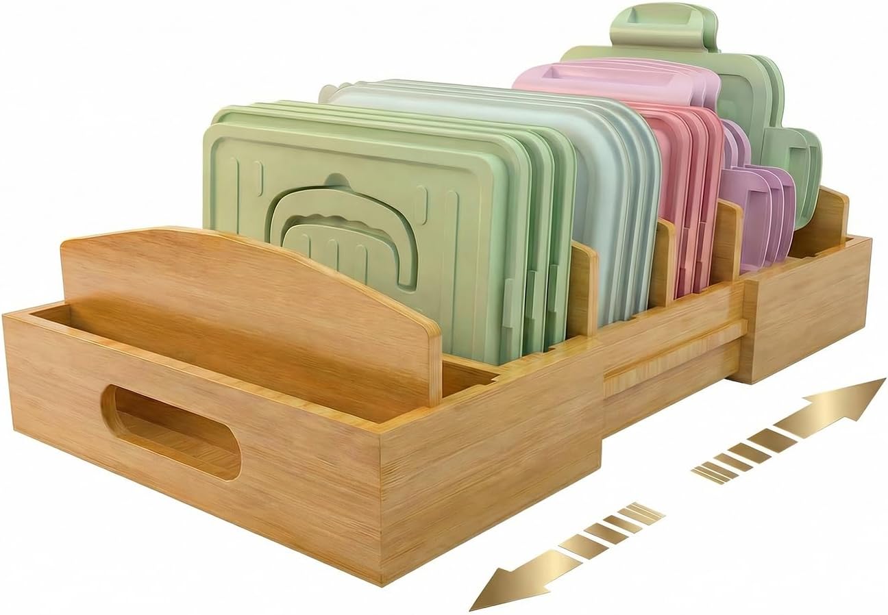 Lid Organizer for Cabinet – Bamboo Kitchen Storage for Plastic Lids, Adjustable Drawer Dividers, Food Container Organizer (Fits Cabinets & Drawers) (Large)