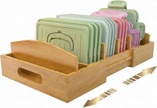 Lid Organizer for Cabinet Bamboo Kitchen Storage for Plastic Lids, Adjustable Drawer Dividers, Food Container Organizer Fits Cabinets & Drawers Large