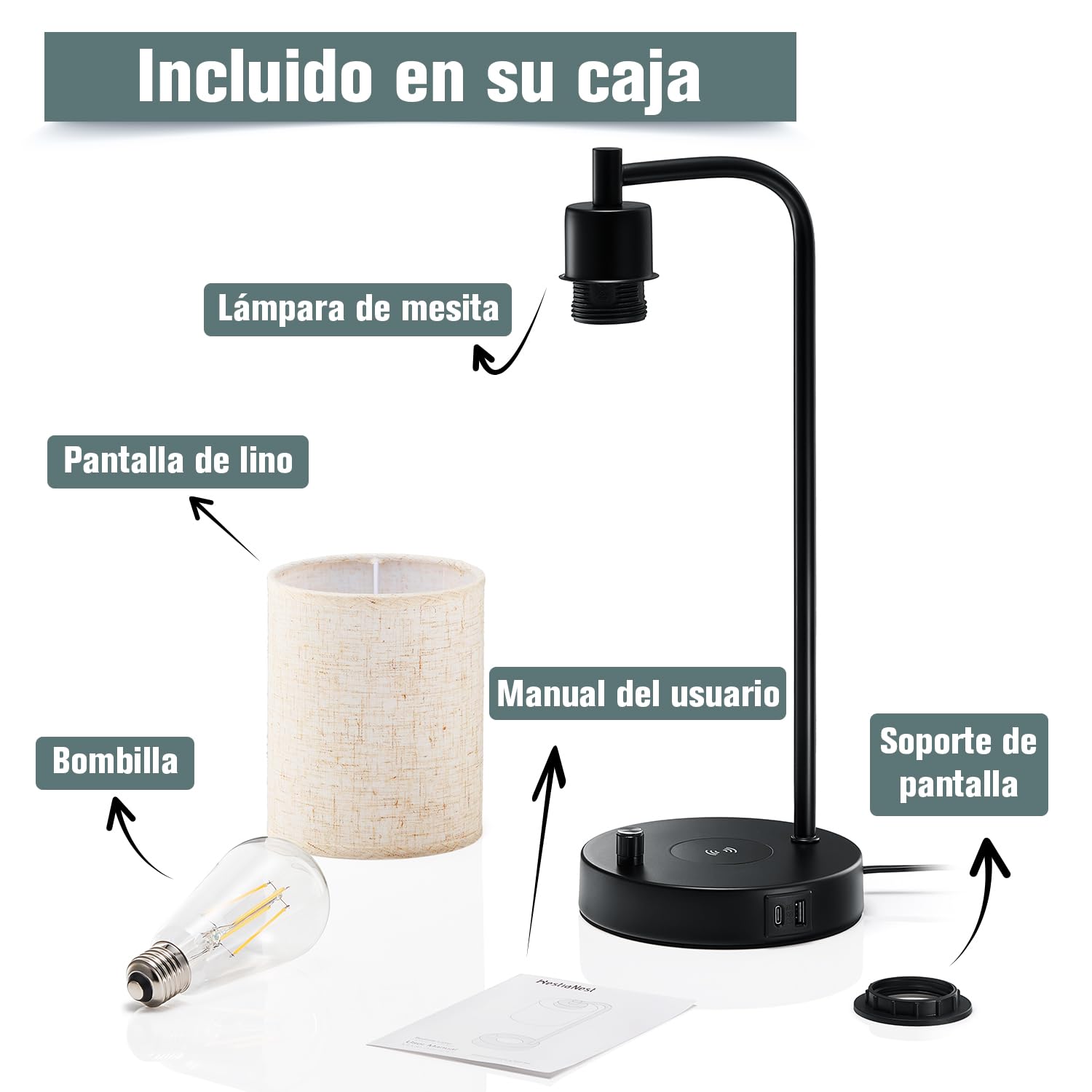 Lámpara de mesita de noche LED con cargador inalámbrico y puertos de carga USB-C+A, lamparas de escritorio, lectura, ideal para colocar sobre mesilla de noche, intensidad variable, pantalla de lino