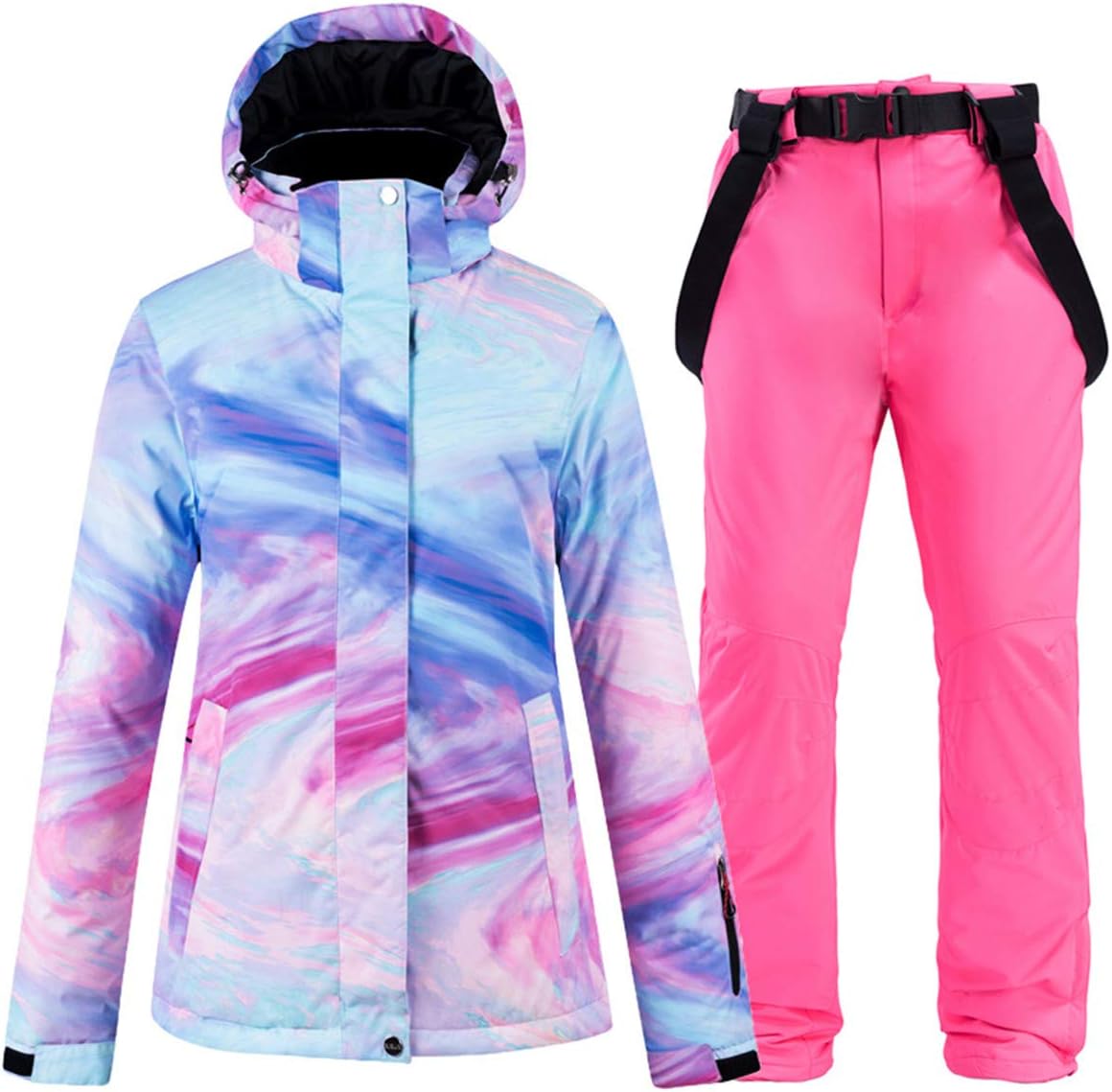 Women's Ski Jacket Outdoor Mountain Windproof Waterproof Printed Snow Snowboard Coat with Ski Bib Overall Pants Set
