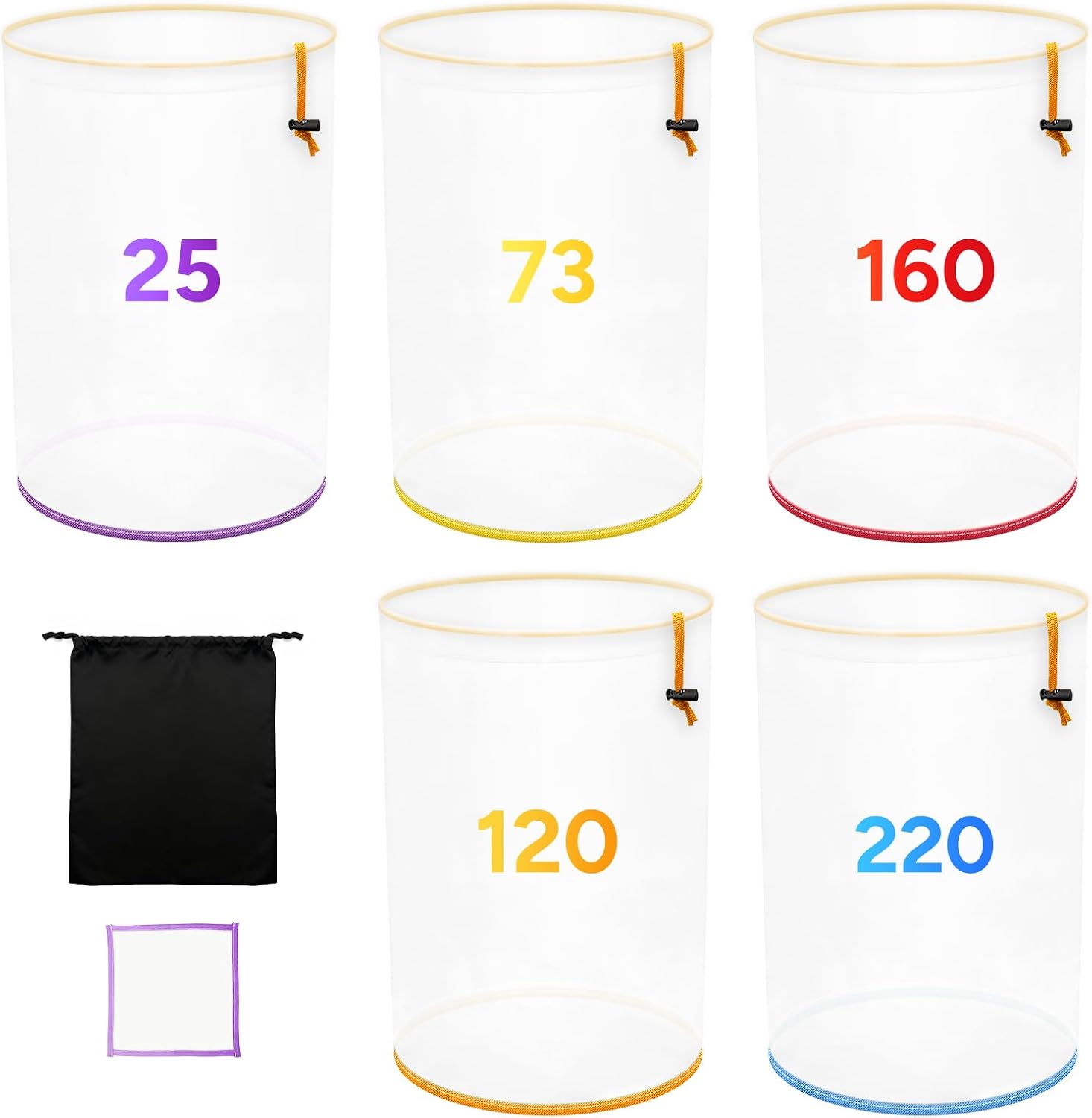 5 Pack 5 Gallon Reusable Nylon All Mesh Filter Bags,Fine Mesh Strainer Bags,Bucket Liner Bag with Storage Pouch for Filtering Tea, Juice,Coffe,Wine and Honey(25/75/120/160/220 Micron)
