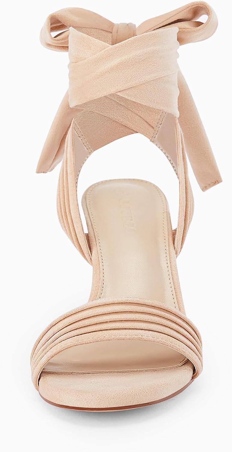 Coutgo Womens Strappy High Heels Chunky Heeled Sandals Bow Tie Lace Up Open Toe Pumps Dress Wedding Comfortable Shoes - Image 6