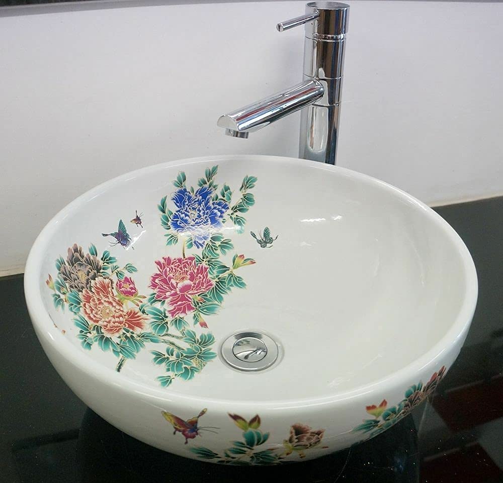 Lavandino da bagno con farfalla floreale in ceramica