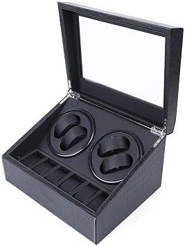 Automatic Watch Winder Display Box for 4 Watches Automatic Display + 6 Flexible Watch Pillows Luxury Fiber Leather Storage Case, Silent Motor, Flexible Watch Pillow for Man/Womans Watches Design B