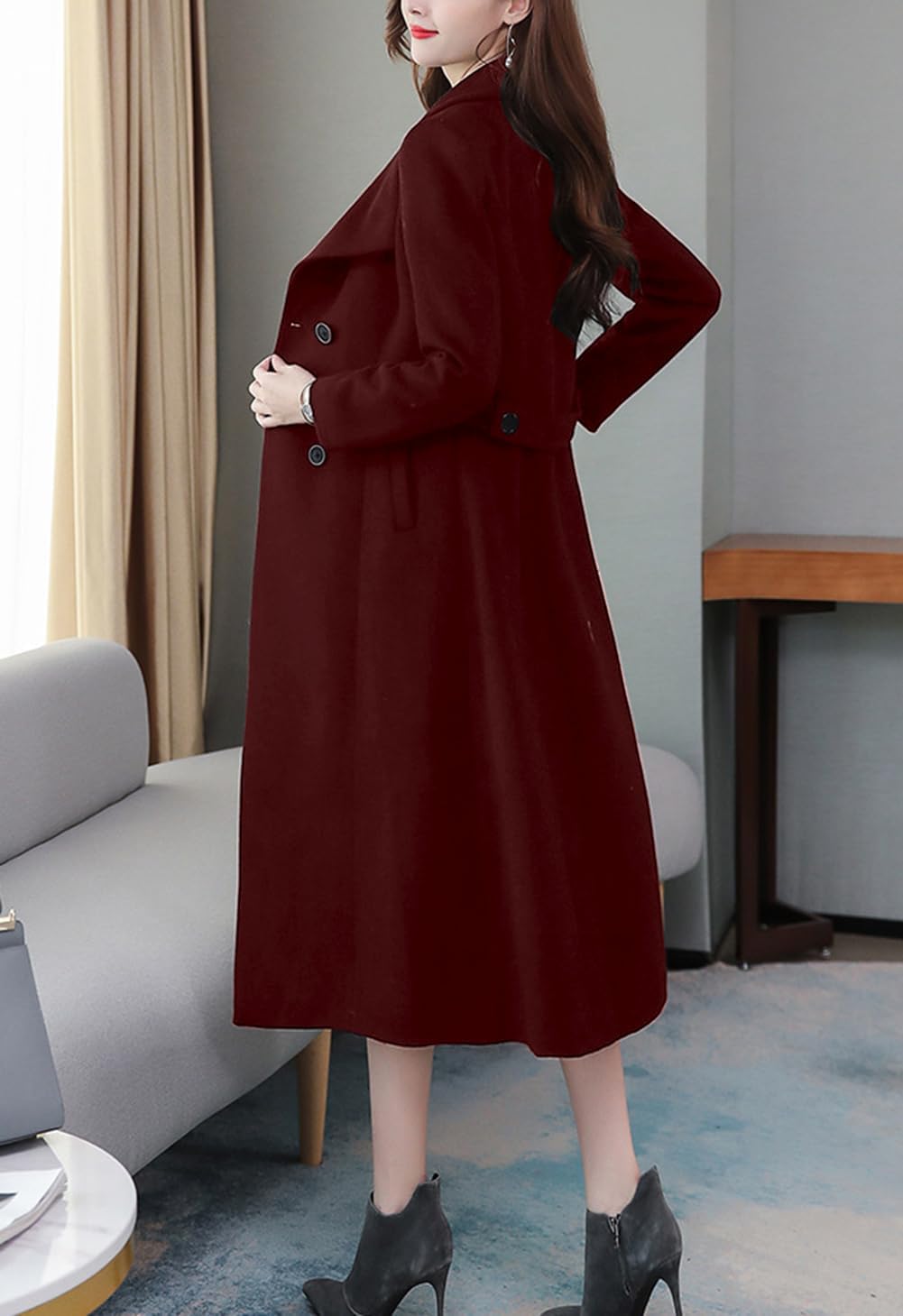 chouyatou Women's Maxi Long Wool Blend Pea Coat Shawl Collar Double Breasted Winter Trench Coat Overcoat - Image 3