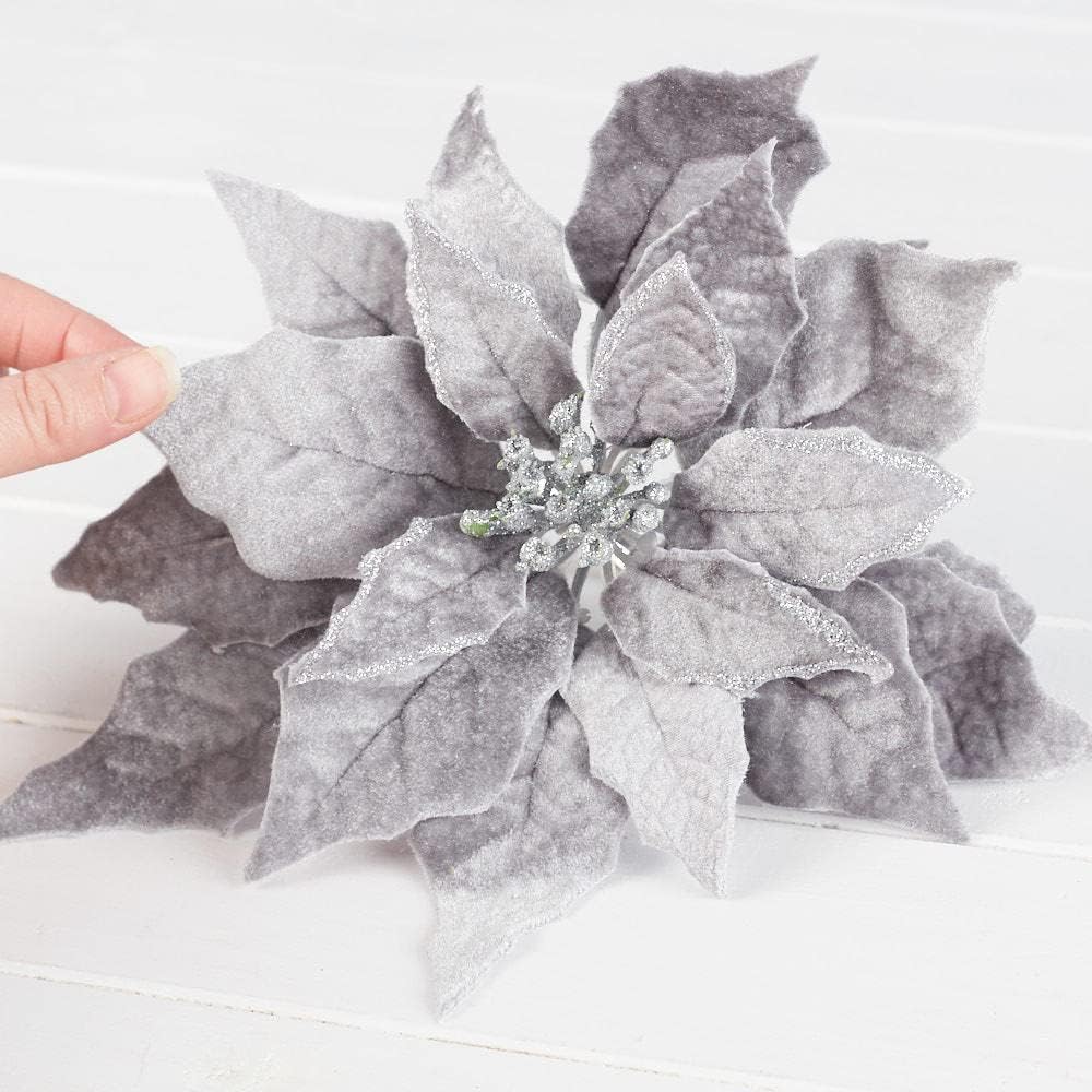 Factory Direct Craft Set of 6 Silver Velveteen Poinsettia Flowers with Clips - Poinsettia Blooms for Christmas Trees and Holiday Decorations (9" Blooms)