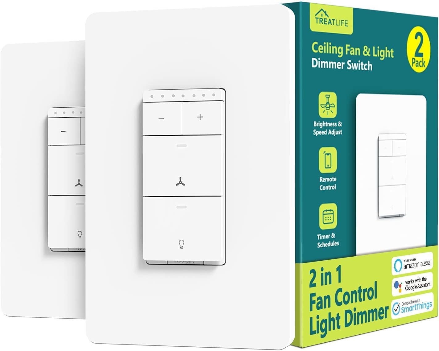 TREATLIFE Smart Ceiling Fan Control and Dimmer Light Switch 2PACK, Neutral Wire Needed, 2.4Ghz Single Pole Wi-Fi Fan Light Switch Combo, Works with Alexa, Google Home and SmartThings, Remote Control TREATLIFE Smart Ceiling Fan Control and Dimmer Light Switch 2PACK, Neutral Wire Needed, 2.4Ghz Single Pole Wi-Fi Fan Light Switch Combo, Works with Alexa, Google Home and SmartThings, Remote Control