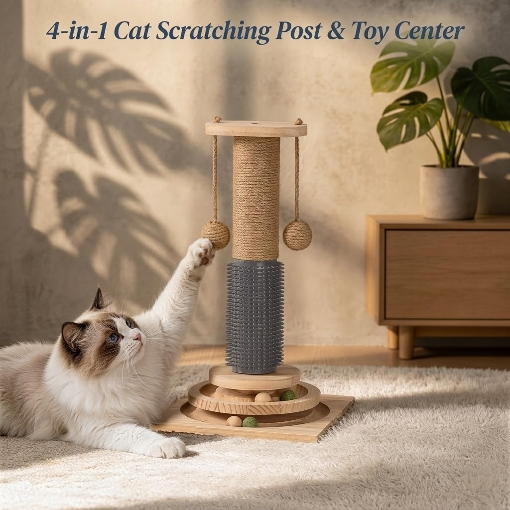 4-in-1 Solid Wood Cat Scratching Post with Self-Groomer, Natural Sisal Scratching Post with 2-Level Track Ball Toy, Interactive Cat Tree & Furniture Protector for Indoor Cats Medium Size