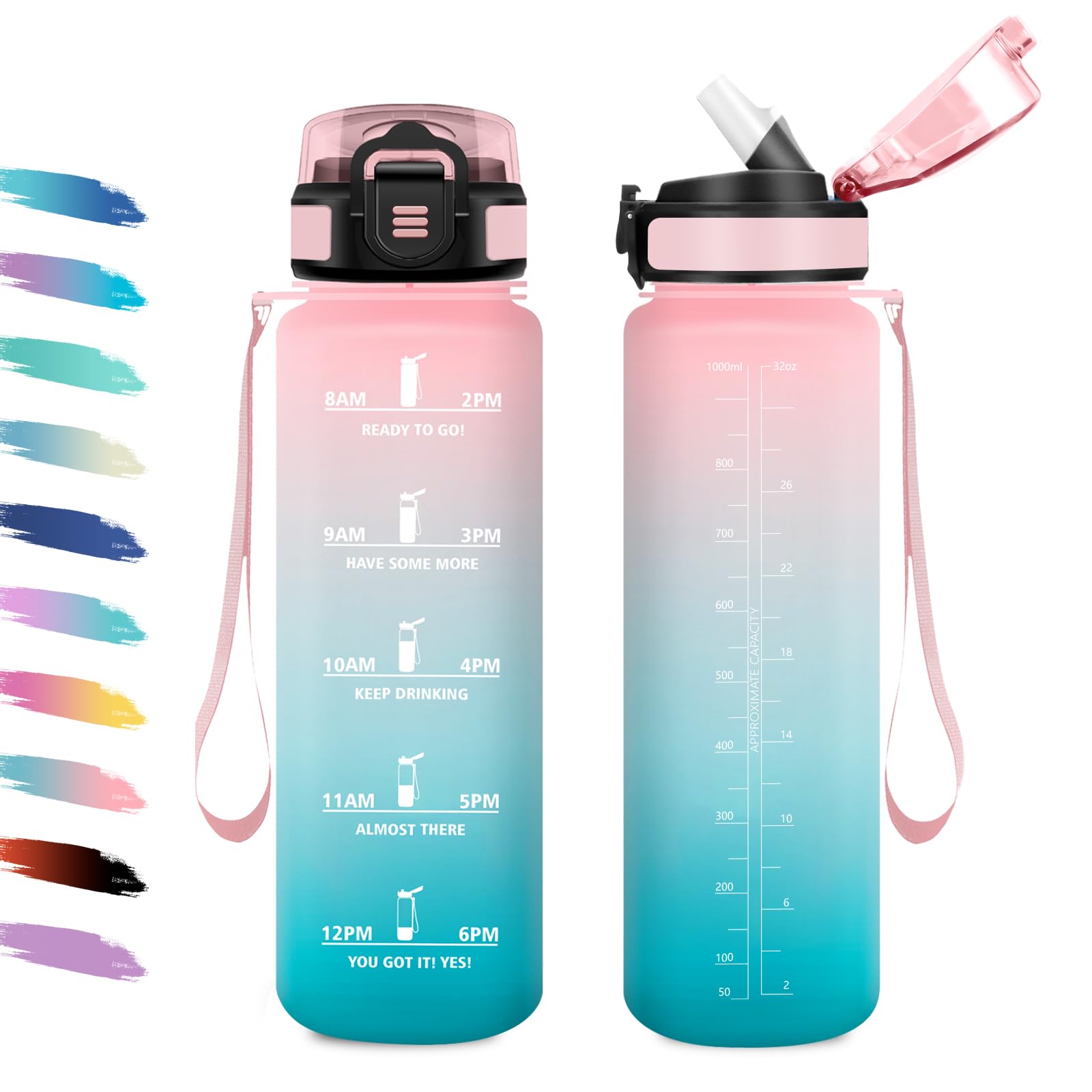 KollyKolla Sports Water Bottle 1L Water Bottle with Straw, Leak Proof, Easy Cleaning, Motivational Water Bottle with Time Indicator for Camping, Cycling, School, Office, Work, Gym