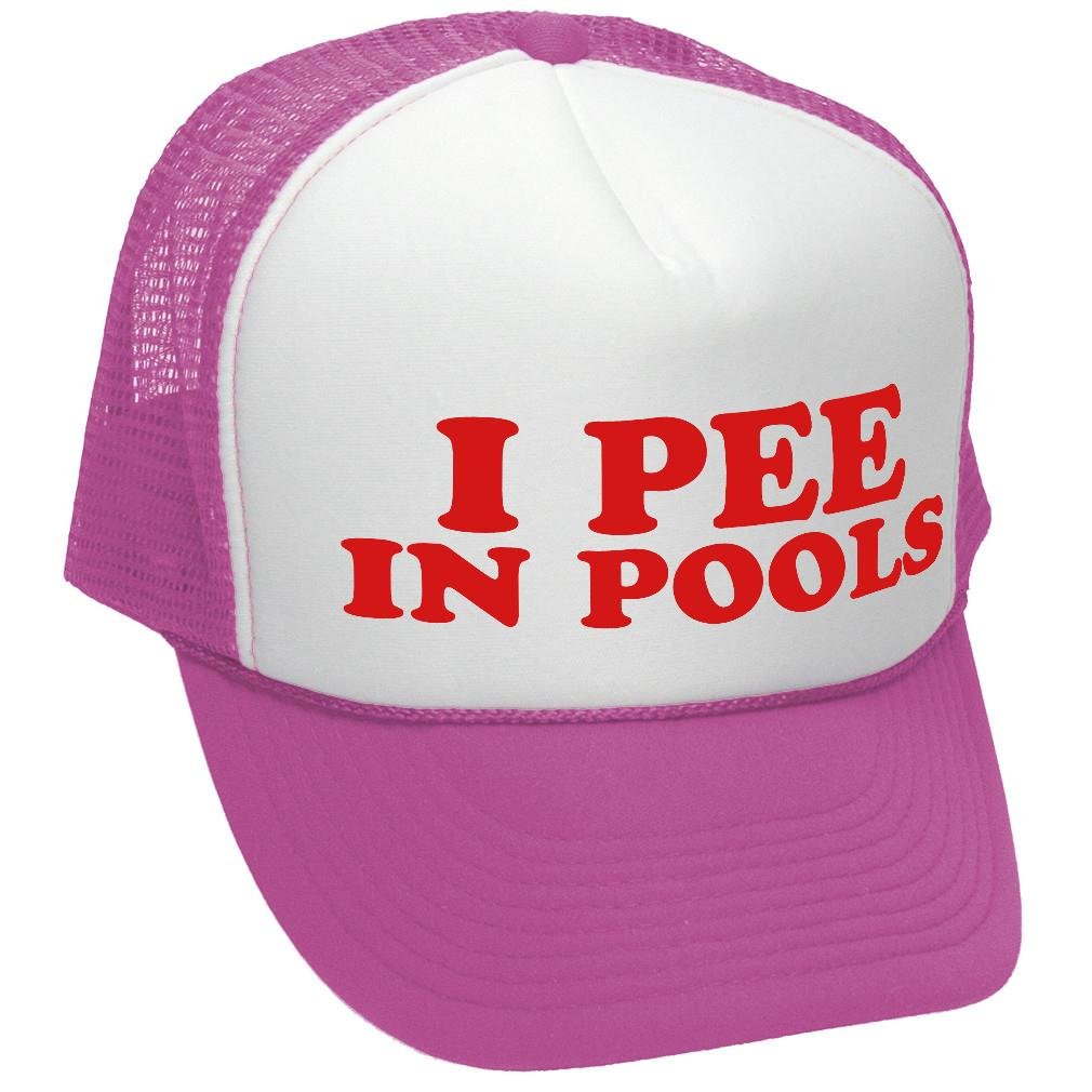 The Goozler I Pee in Pools - Funny Dare Gag Gift Joke - Vintage Retro Style Trucker Cap Hat, Neon Pink, One size