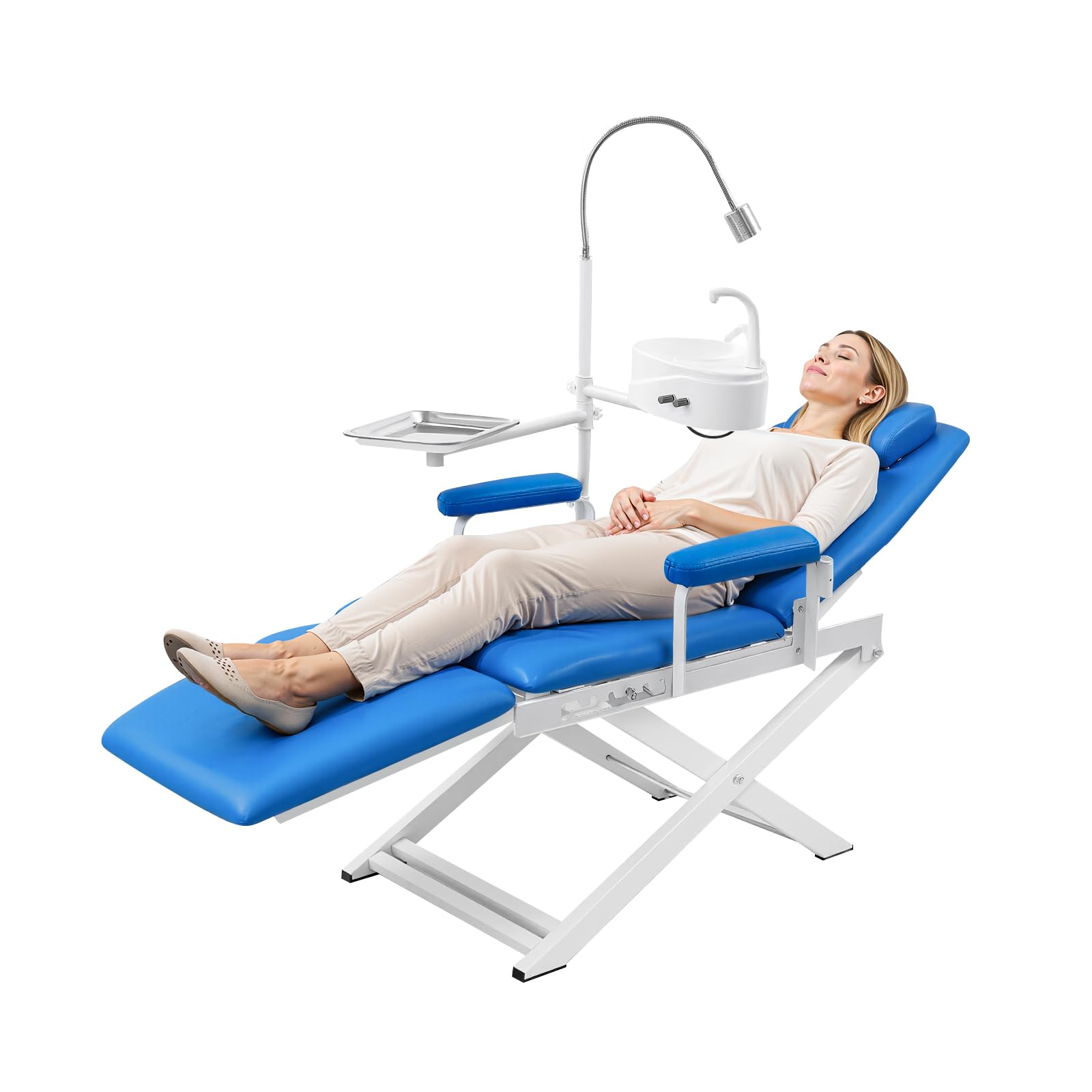 Portable Foldable Dental Chair, 360° Rotating Arm Dental Chair with LED Light, 11.81-25.2 Inch Height-Adjustable Movable Chairs Tilting Bed, for Hospitals and Beauty Salons (Blue)