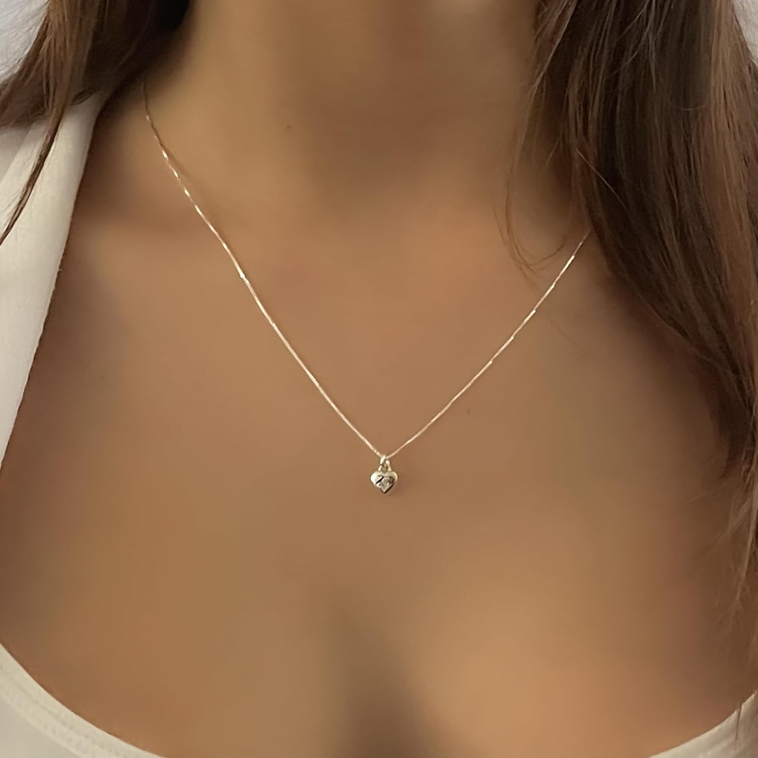 Annika Bella Dainty Sterling Silver Heart Necklace, 925 Chain, Charm Necklaces, Valentine's Day Gift for Girlfriend/Her, CZ / 3D / Heart Frame
