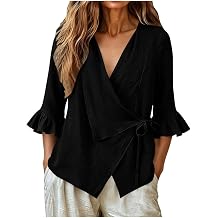 Wrap Blouses for Women Cotton Linen Blend Tie Front Tops Ruffle Sleeve Summer Shirts for Work Vacation Travel