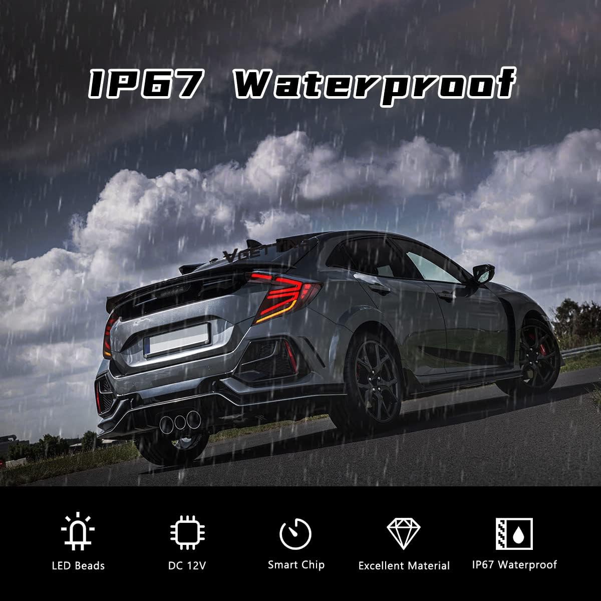 LED Tail Lights For Honda Civic Hatchback Type R 2016-2020 Rear Tail Lamps Assembly with Sequential Turn Signal DRL Reverse Smoked Lens Brake Light