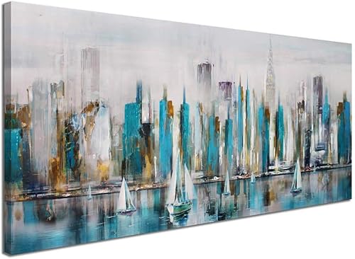 Pogusmavi Lienzo abstracto grande del río Manhattan para decoración de pared, diseño moderno de la ciudad de Nueva York, para sala de estar,