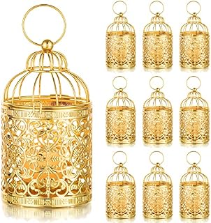 Sziqiqi Small Metal Tealight Hanging Birdcage Lanterns, 2Pcs Gold Tea light Candle Holders Vintage Candle Stick Holder Decorative Table Centerpieces for Wedding Party Christmas Halloween