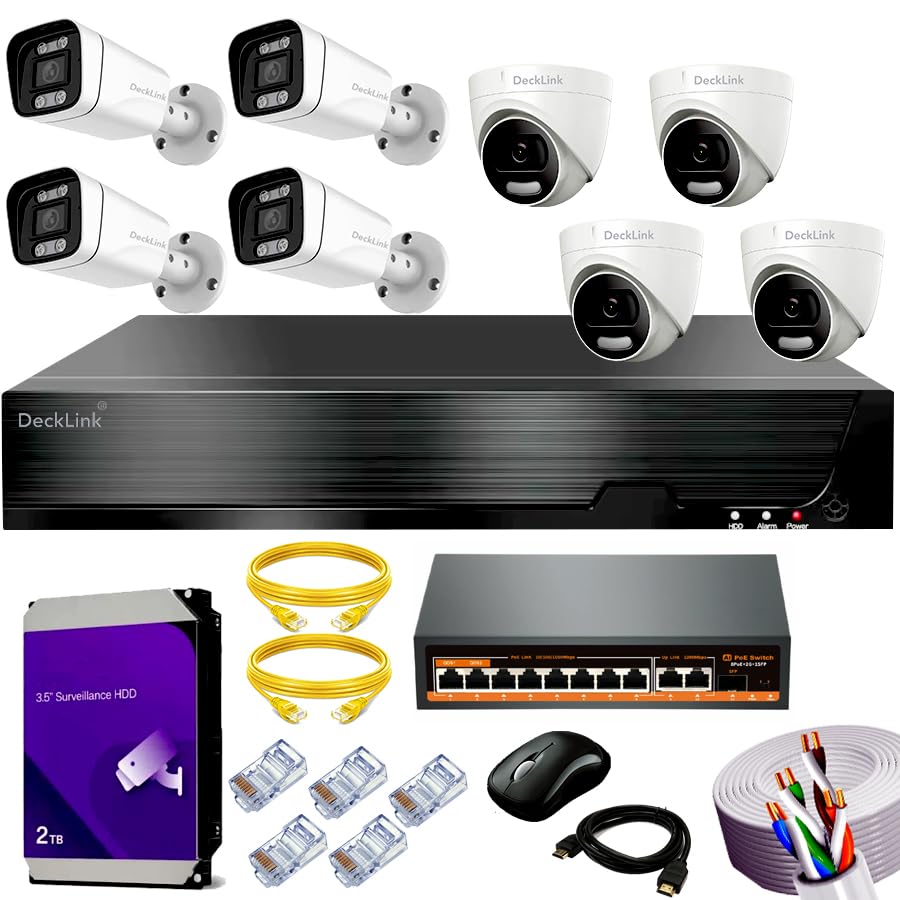 Image of DeckLink 8MP 4K IP CCTV Camera Full Setup, 4 Dome and 4 Bullet Cameras, 10CH NVR, 2TB Surveillance HDD, 1000Mbps PoE Switch and All Accessories
