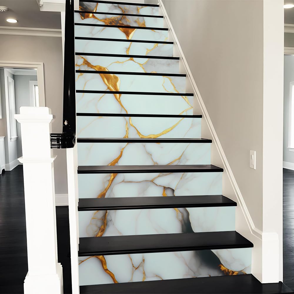 REDAMANCY White Orange Brown Marble Abstract Peel and Stick Vinyl Stair Riser Decals Staircase Tile Stickers Decor Modern Marble Decoration Self-Adhesive(14 Pcs)