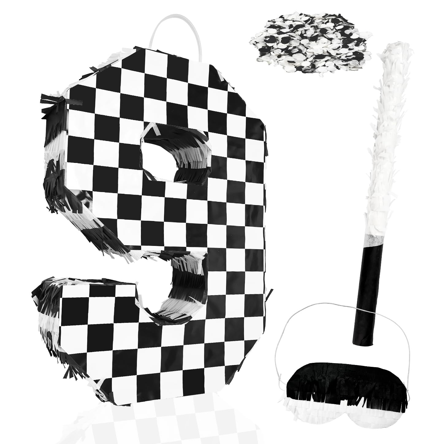 MUNILAIL Checkered Number 9 Pinata Black and White Checkered Pinata with Stick and Blindfold Confetti for 9th Birthday Racing Car Party Game Supplies