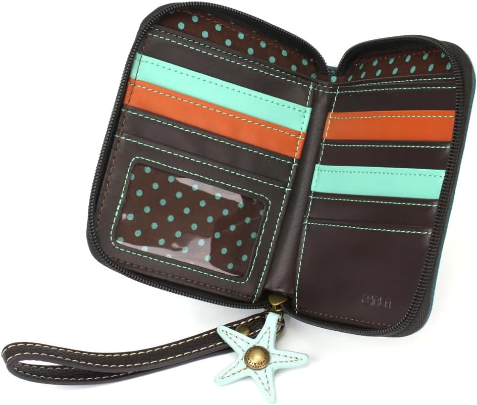 Chala Dolphin Vegan Leather Zip Around Wallet with Wristlet (Blue)