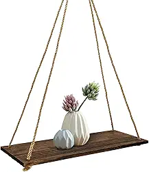 FuninCrea Prateleiras suspensas para parede, prateleiras flutuantes de madeira rústica, 35 x 14 cm, com corda giratória, prateleira decorativa para parede, prateleira de exibição de plantas para sala