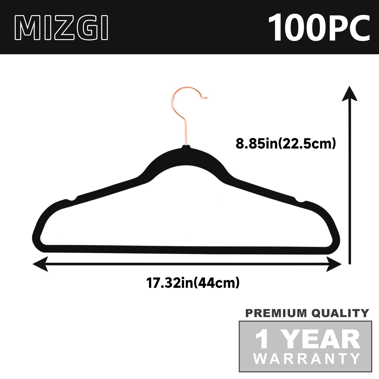 MIZGI Premium Samt-Kleiderbügel, strapazierfähig, rutschfeste Filz-Kleiderbügel, Samt-Kleiderbügel, schwarz, rotgoldene Haken, platzsparende Kleiderbügel, 100 Stück