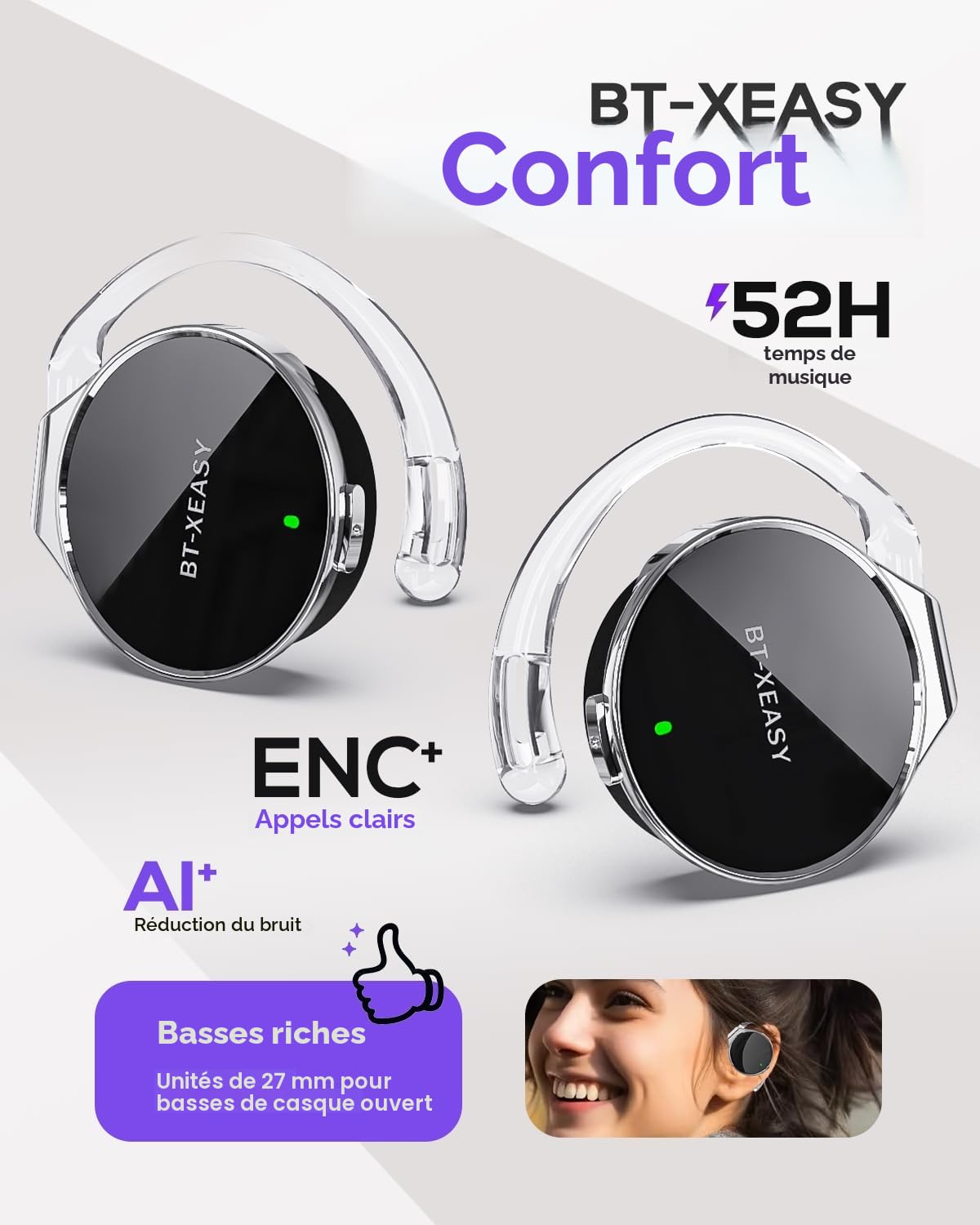 Micool Casque Bluetooth 5.4 on-Ear, Écouteurs Ouverts sans Fil, Design Goutte d'eau, Longue Autonomie | Suppression de Bruit | Crochet d'oreille Confortable | Idéal Sport et Appels