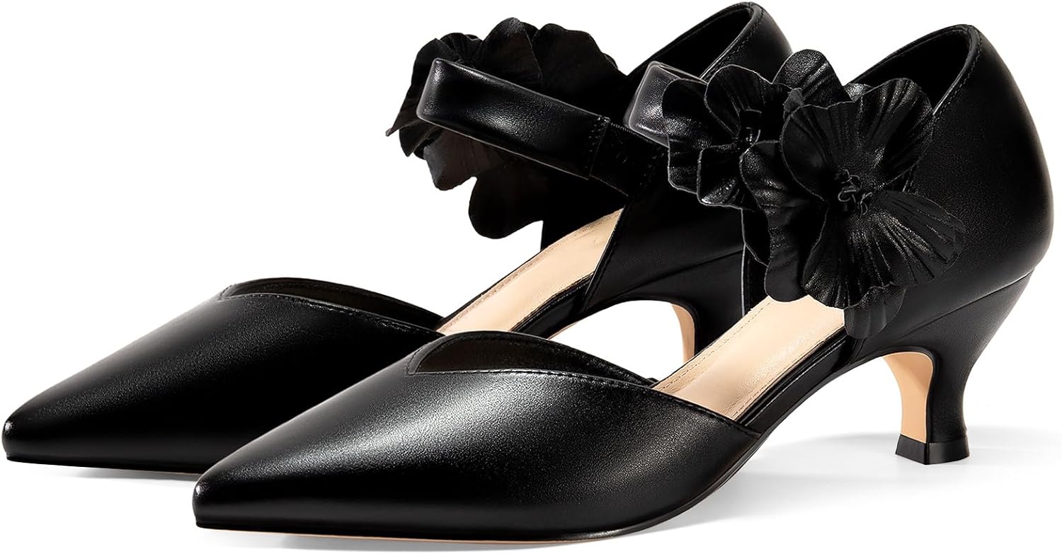 Coutgo Womens Low Kitten Heels Dressy Shoes Comfortable Closed Toe Flower Slip on Formal Party Dance Heeled Pumps - Image 4