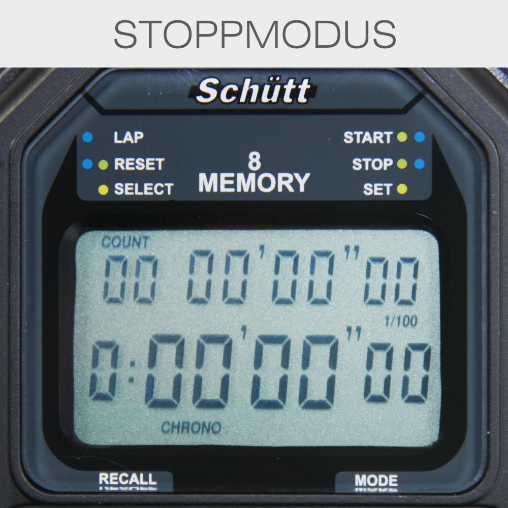 Schütt Stoppuhr PC-71 | Zweizeiliges Display | 8 Memory | Timer & Pacer | Druckpunktmechanik | Stoß- und Wasserfest | Sport | Profi & Trainer