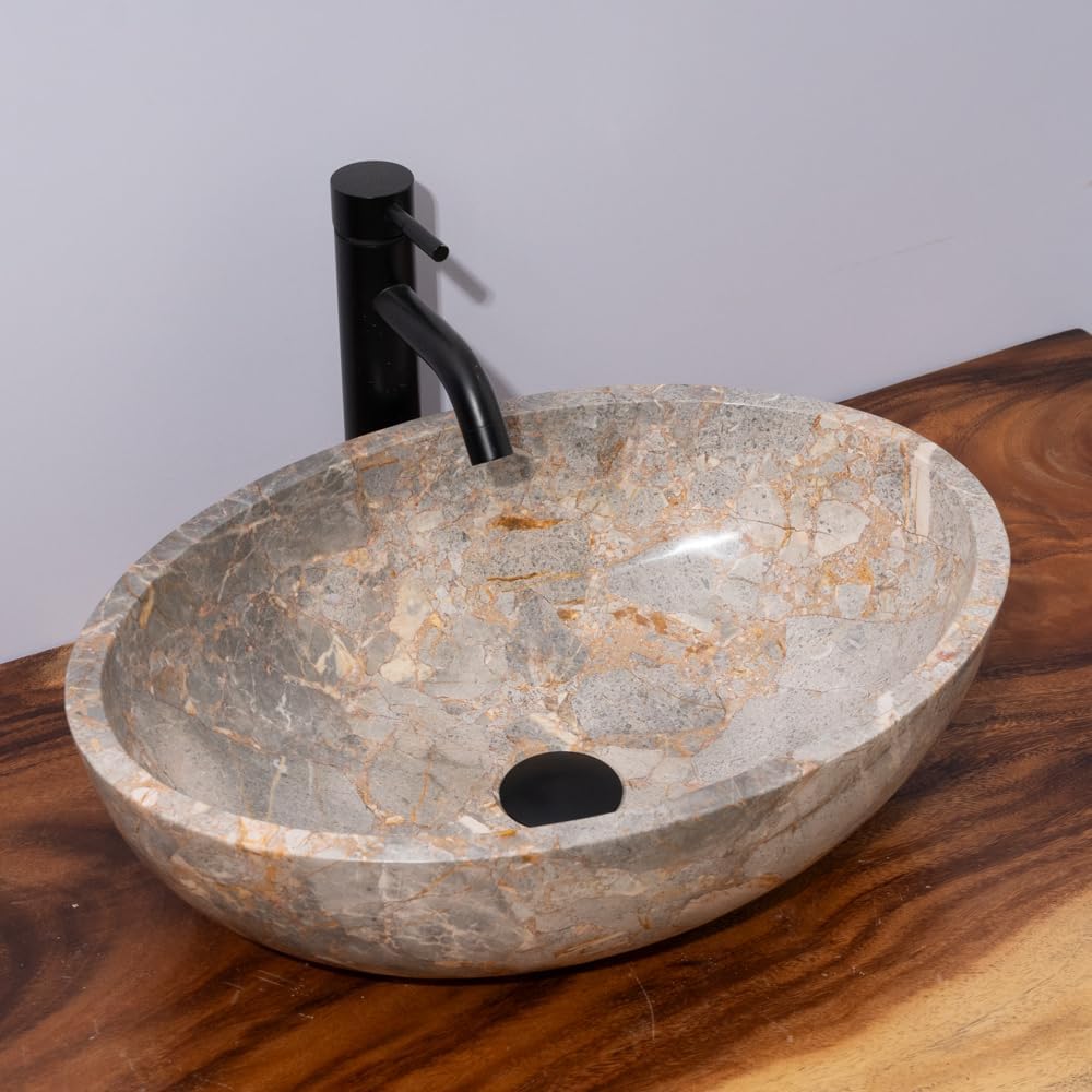 Oval-Shaped Golden - Gray Marble Vessel Sink for Bathroom – 19" × 15" × 6"