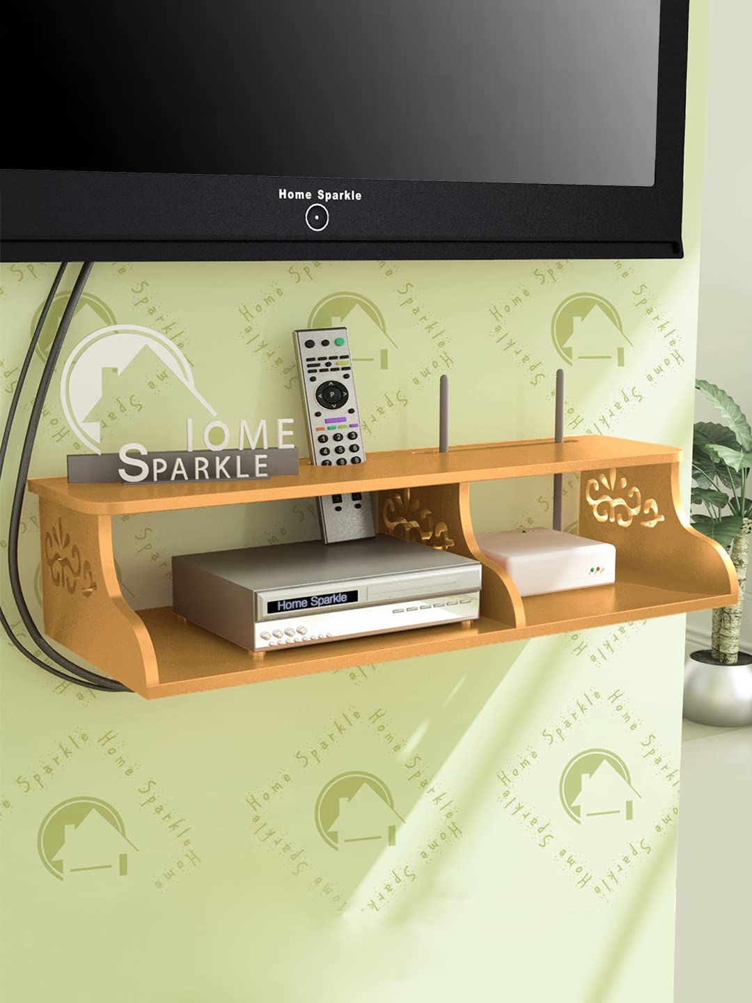 Home Sparkle Wall Mounted TV Entertainment Unit with 2 Wooden Carved Open Shelf Storage for Set Top Box and Wi-Fi Router Ideal for Living Room, Bedroom (Golden)-image-10