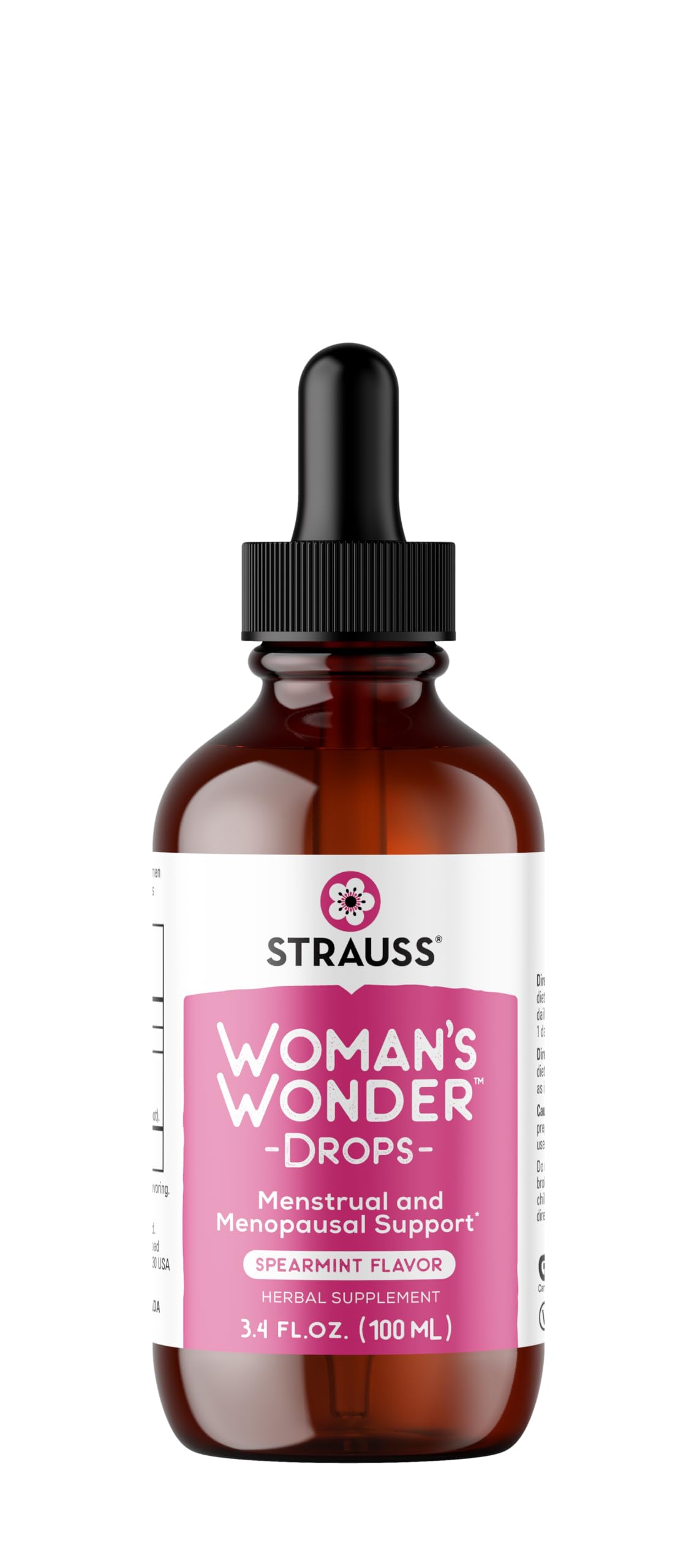 Strauss Heartdrops Woman's Wonder Drops; Menstrual & Menopausal Support Supplement in Spearmint Flavour, Natural Formula, Gluten-Free, Soy-Free, Non-GMO, 3.4oz Bottle