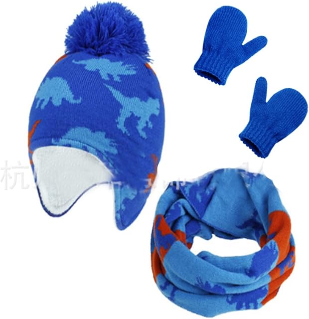 Kids Knitted Hat, Baby Dinosaur Hat Scarf and Gloves Set Toddler Beanie Hat Fleece Lining Winter Hat with Pompom Hand Warmer Christmas Birthday Gift for Boys Girls Kids 2-6 Years