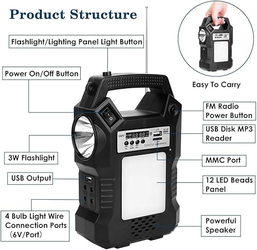 Miniatura 8 de Fuente de alimentación solar portátil al aire libre 4500 mAh, luz de emergencia solar LED con 12 cuentas de lámpara, linterna, funciones de radio y